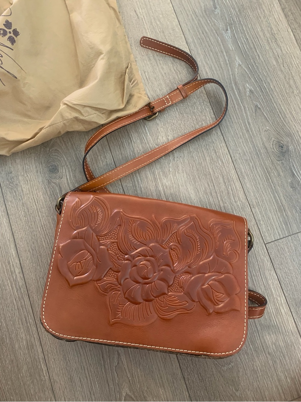 Patricia Nash Brown Genuine Leather Embossed Tooled Floral Crossbody Bag Purse